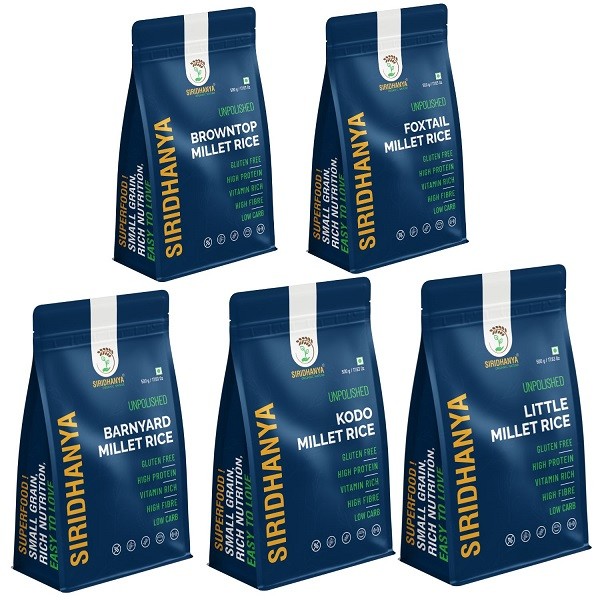 Siridhanya unpolished and organic millets USDA Certified combo pack 5 | Kodo | Little | Barnyard | Foxtail | Brown top | Dr Khadar Vali recommended five positive millets |Vitamin rich |Non-GMO|  organ